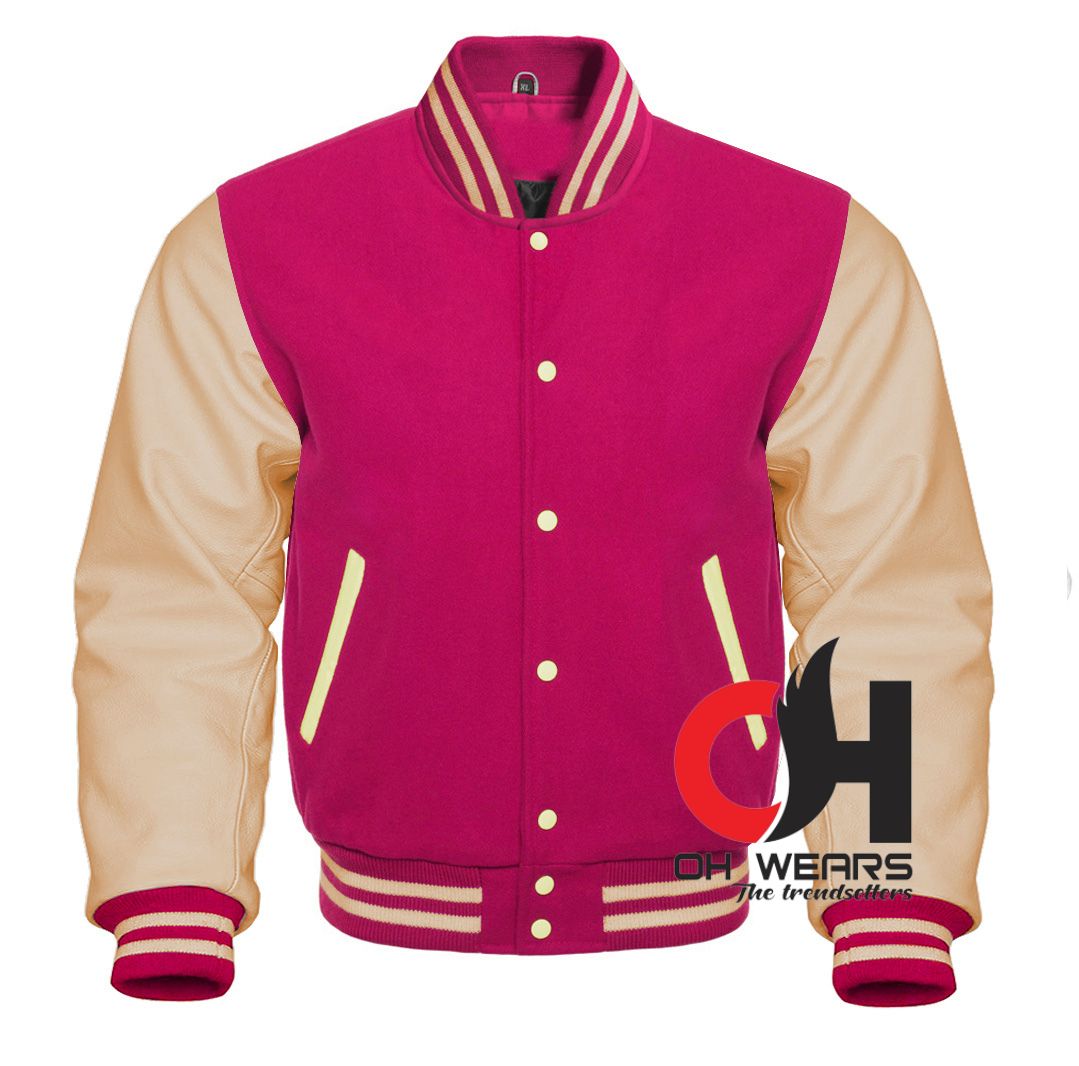 Chaqueta Varsity Mangas De Lana Rosa Y Cuero Genuino Crema 