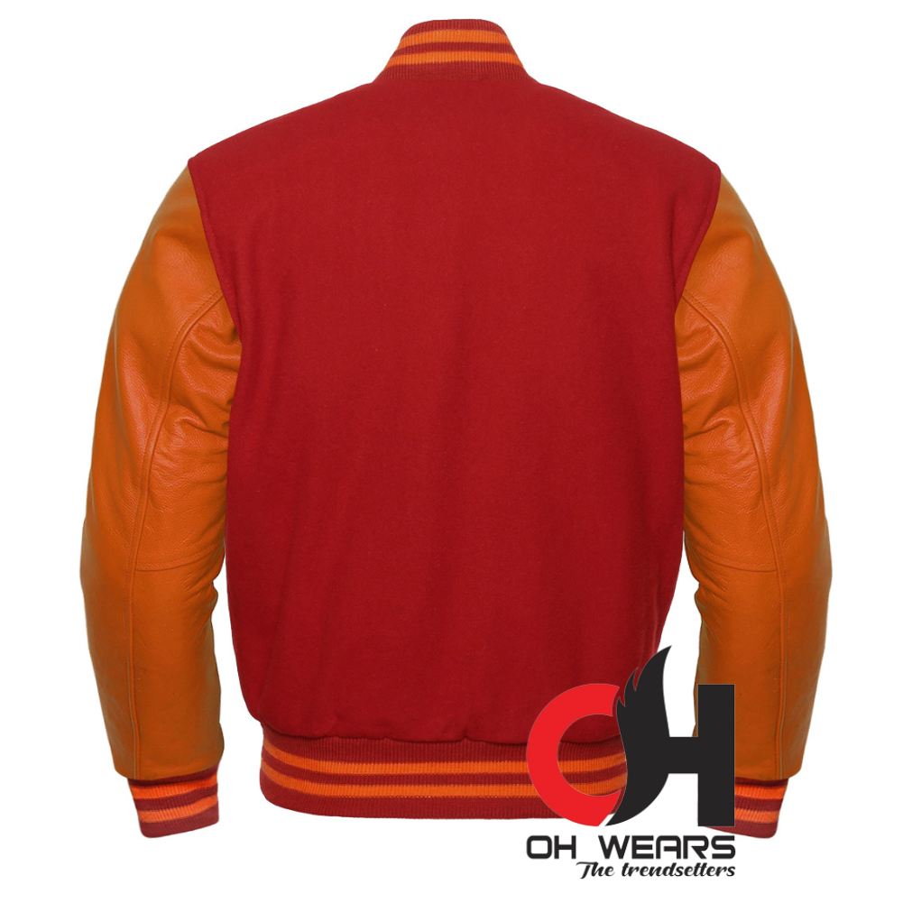 College-Jacke aus kastanienbrauner Wolle und echtem orangefarbenem Leder mit Ärmeln 