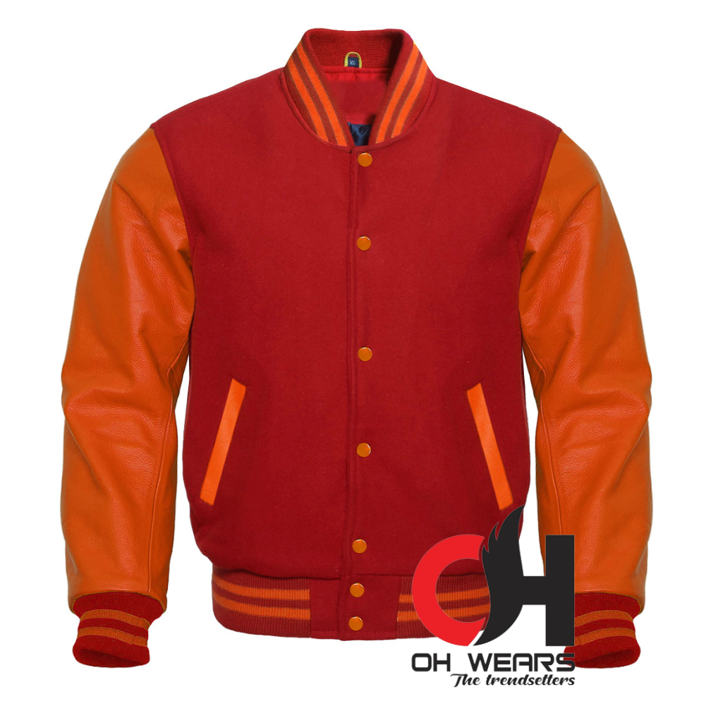 College-Jacke aus kastanienbrauner Wolle und echtem orangefarbenem Leder mit Ärmeln 