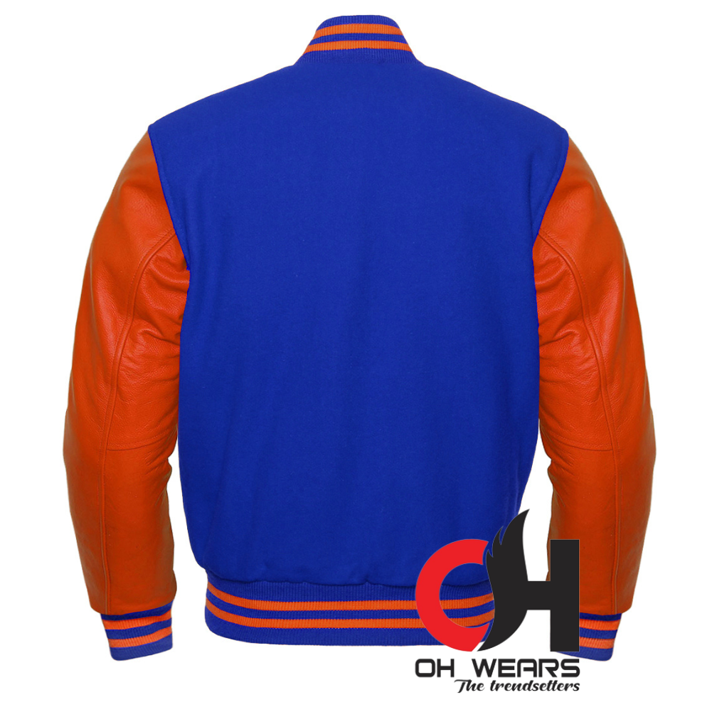 Varsity Letterman Baseball-Jacke aus blauer und hellblauer Wolle und echtem orangefarbenem Leder mit Ärmeln. Varsity Letterman-College-Jacken für Herren, Damen und Kinder 