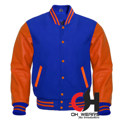 Varsity Letterman Baseball-Jacke aus blauer und hellblauer Wolle und echtem orangefarbenem Leder mit Ärmeln. Varsity Letterman-College-Jacken für Herren, Damen und Kinder 