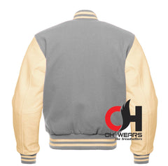 Chaqueta Varsity con mangas de lana gris y cuero genuino color crema 