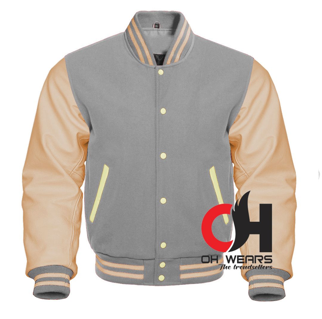 Chaqueta Varsity con mangas de lana gris y cuero genuino color crema 