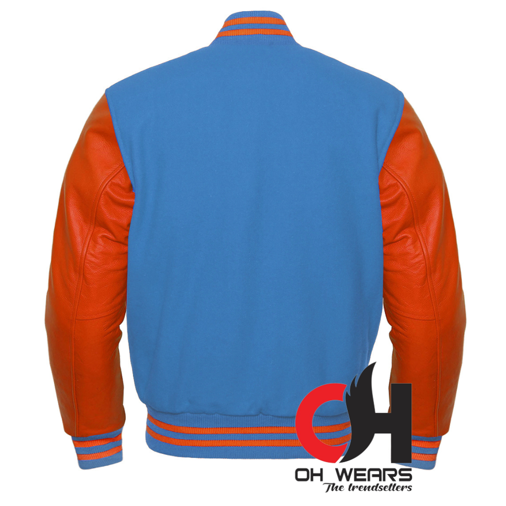 Varsity Letterman Baseball-Jacke aus blauer und hellblauer Wolle und echtem orangefarbenem Leder mit Ärmeln. Varsity Letterman-College-Jacken für Herren, Damen und Kinder 