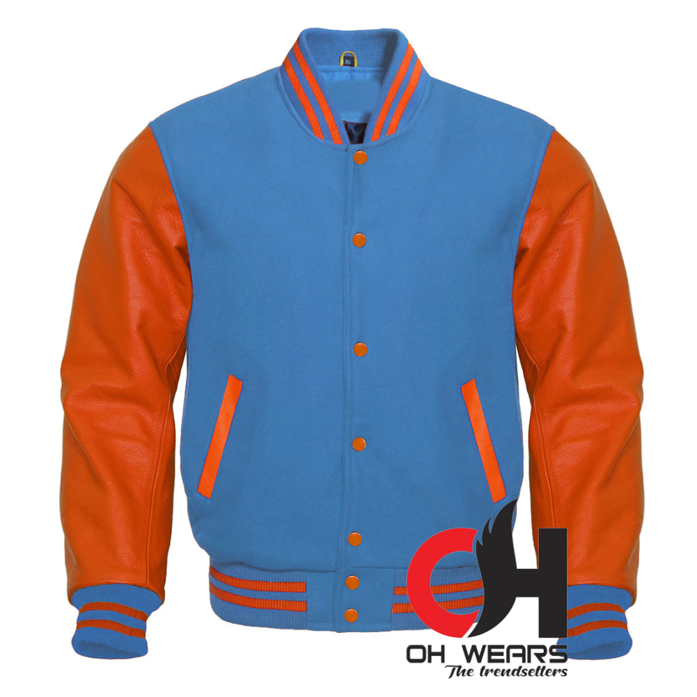 Varsity Letterman Baseball-Jacke aus blauer und hellblauer Wolle und echtem orangefarbenem Leder mit Ärmeln. Varsity Letterman-College-Jacken für Herren, Damen und Kinder 