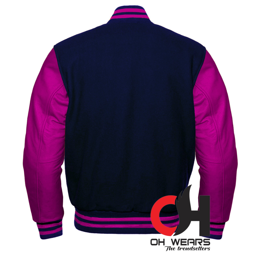 Varsity Letterman Baseball-Jacke aus schwarzer/blauer/brauner Wolle und echten lila Lederärmeln. Varsity-College-Jacken von Letterman für Herren, Damen und Kinder 