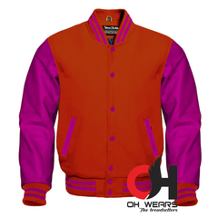 Varsity Letterman Béisbol Bomber Lana Roja y Mangas de Cuero Púrpura Genuino Chaqueta Varsity Hombres Mujeres Kid's Letterman chaquetas universitarias 