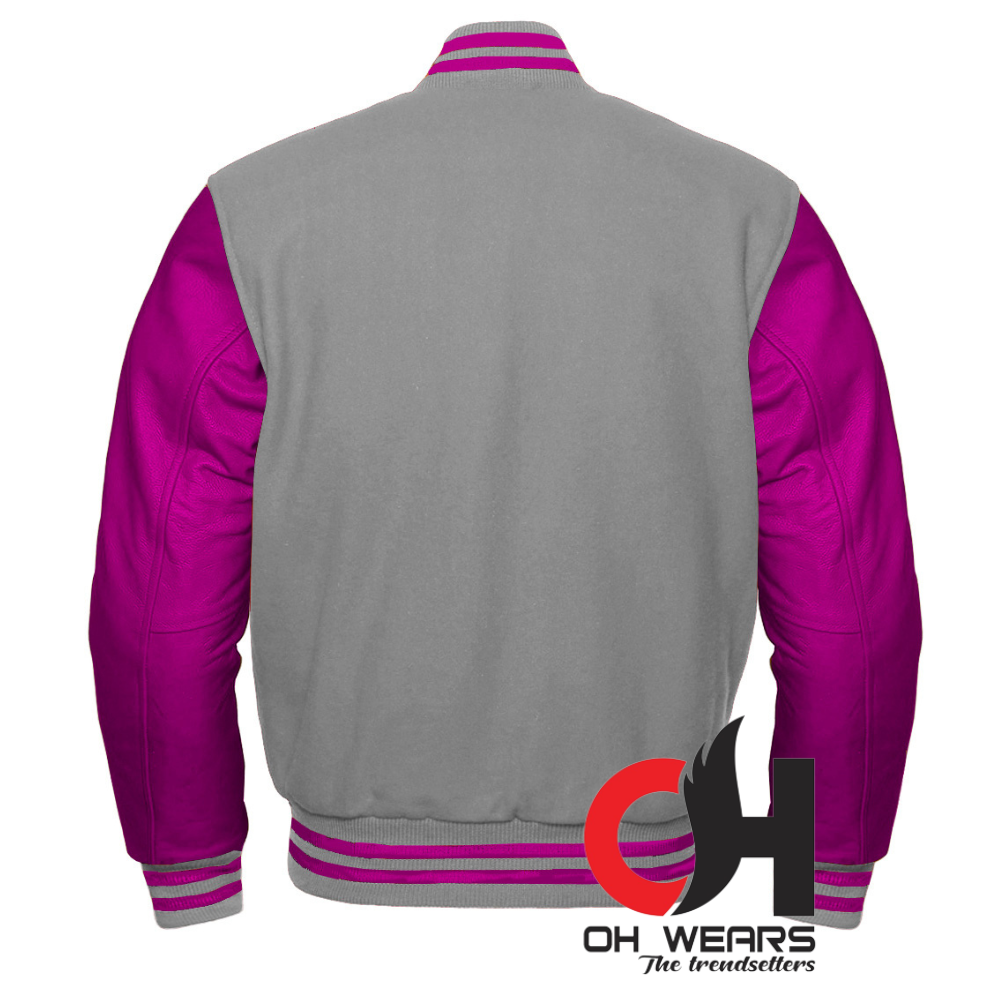 Varsity Letterman Baseball-Jacke aus grauer/hellgrauer Wolle und echten lila Lederärmeln. Varsity-College-Jacken von Letterman für Herren, Damen und Kinder 