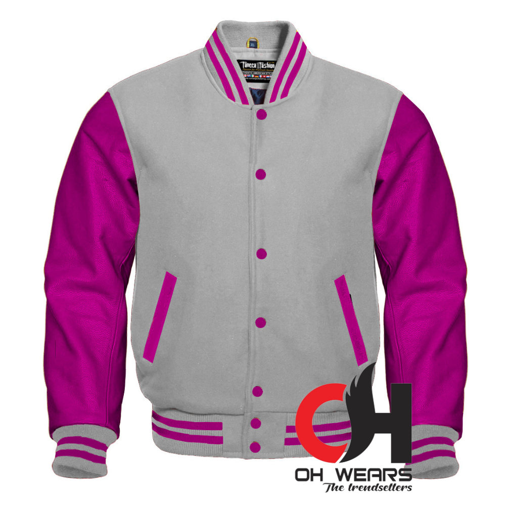 Varsity Letterman Baseball-Jacke aus grauer/hellgrauer Wolle und echten lila Lederärmeln. Varsity-College-Jacken von Letterman für Herren, Damen und Kinder 