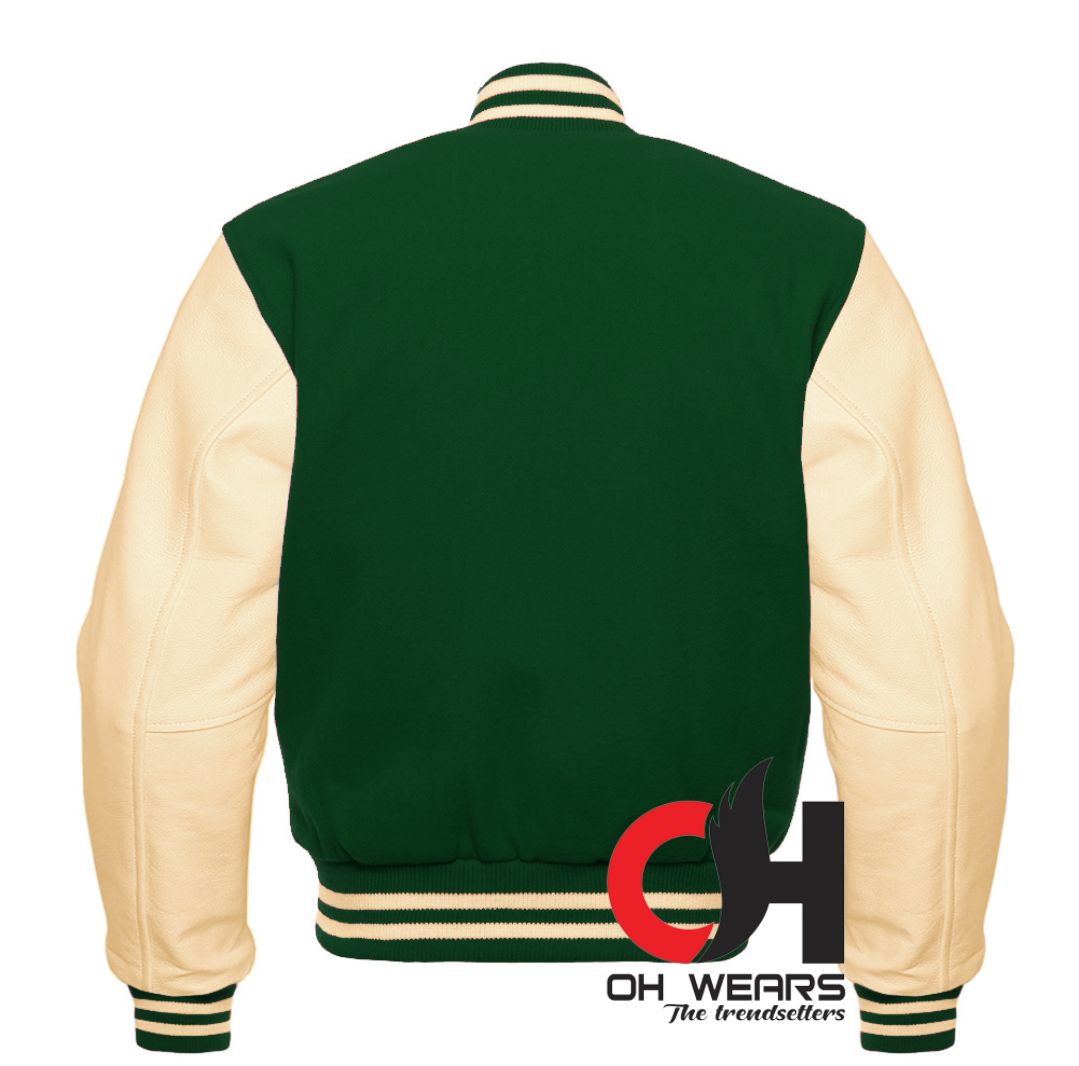 Green Wool and Genuine Cream Leather Sleeves Varsity Jacket