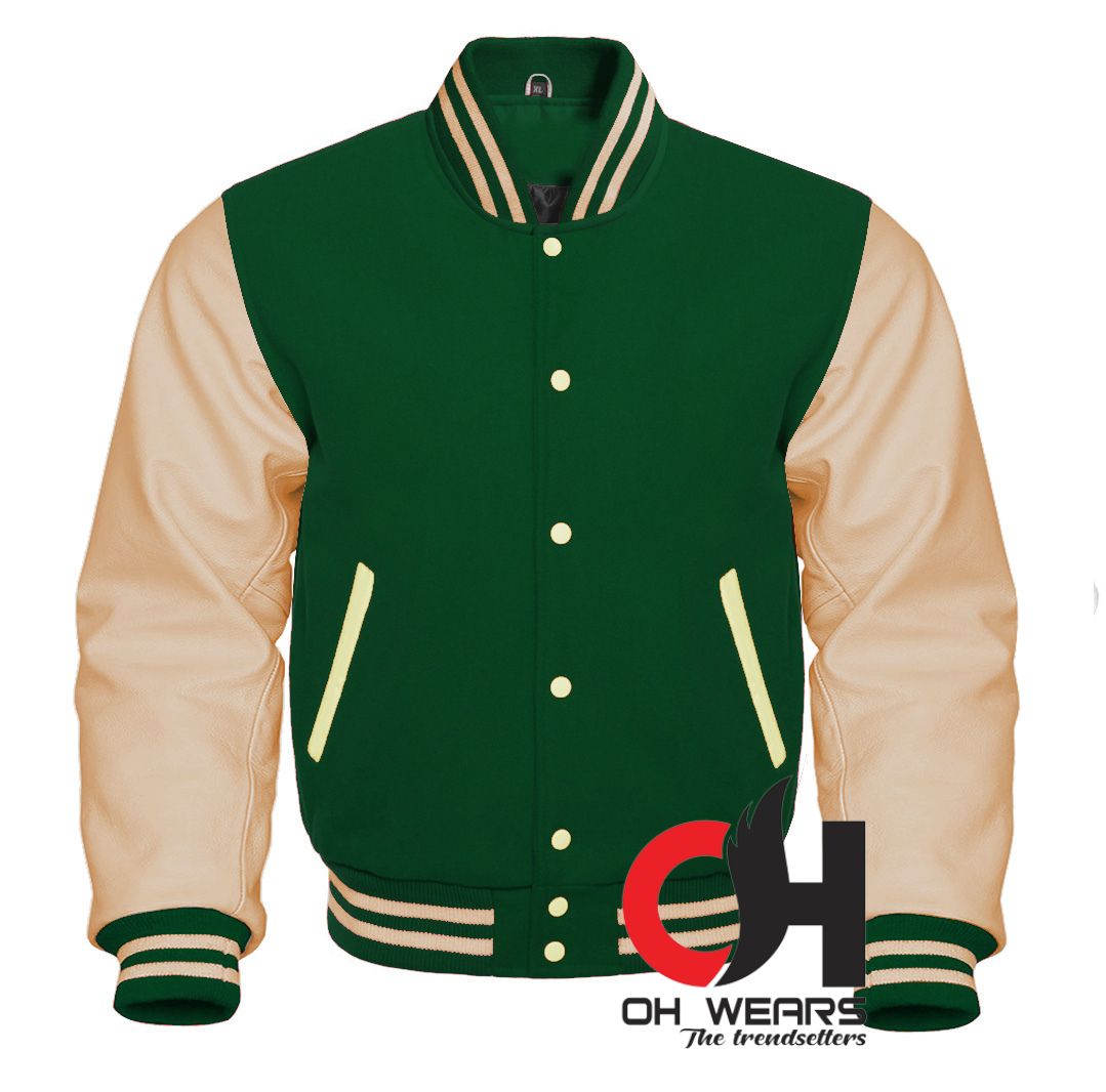 Green Wool and Genuine Cream Leather Sleeves Varsity Jacket