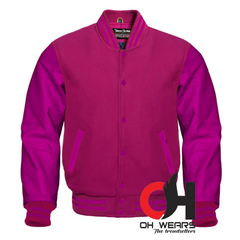 Varsity Letterman Baseball-Bomberjacke aus Wolle und echtem lila Leder mit Ärmeln. Varsity Letterman-College-Jacken für Herren, Damen und Kinder