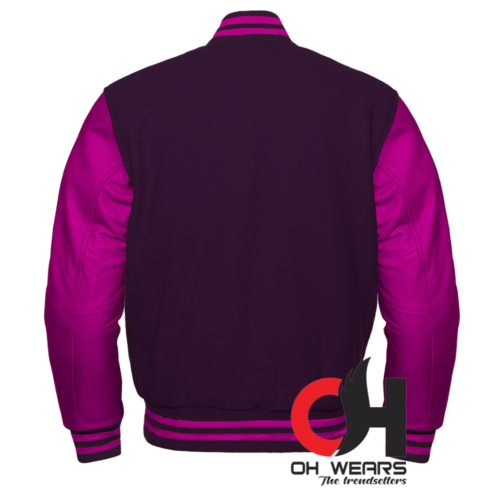 Varsity Letterman Baseball-Bomberjacke aus dunkelvioletter Wolle und echten lila Lederärmeln. Varsity-College-Jacken von Letterman für Herren, Damen und Kinder 