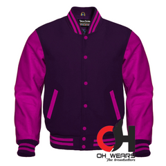 Varsity Letterman Béisbol Bomber Lana Púrpura Oscuro y Mangas de Cuero Púrpura Genuino Chaqueta Varsity Hombres Mujeres Kid's Letterman chaquetas universitarias 