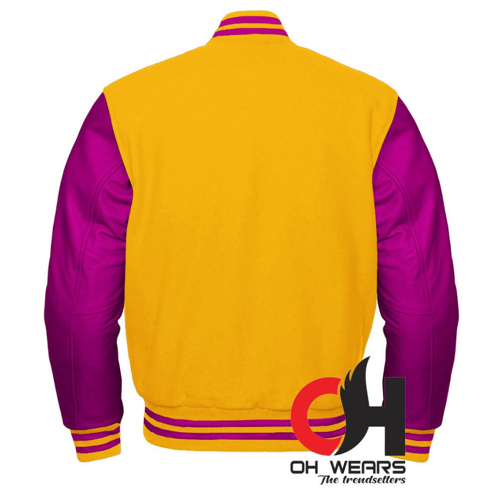 Varsity Letterman Baseball Bomber Amarillo Lana y Cuero Púrpura Genuino Mangas Chaqueta Varsity Hombres Mujeres Kid's Letterman chaquetas universitarias 