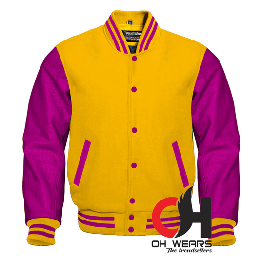 Varsity Letterman Baseball Bomber Yellow Wool and Genuine Purple Leather Sleeves Jacket Varsity Men's Women's Kid's Letterman college jackets