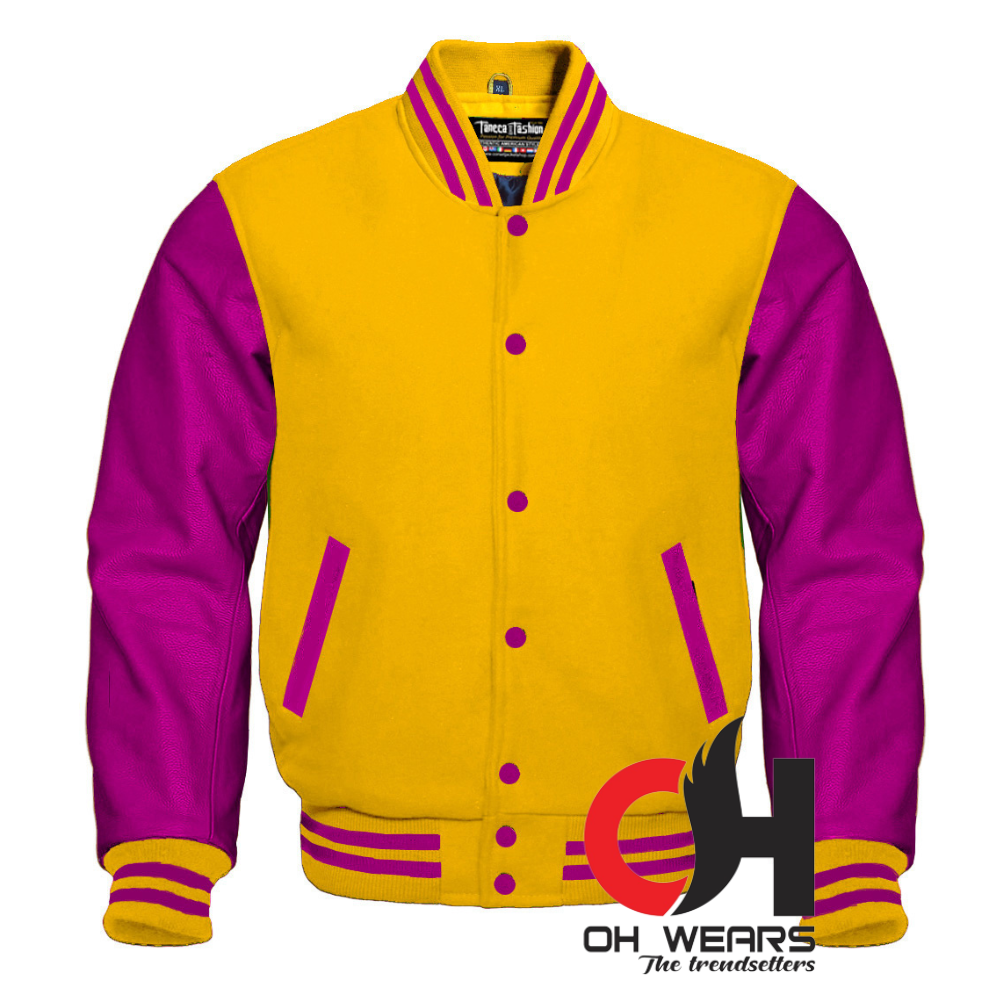 Varsity Letterman Baseball Bomber Amarillo Lana y Cuero Púrpura Genuino Mangas Chaqueta Varsity Hombres Mujeres Kid's Letterman chaquetas universitarias 