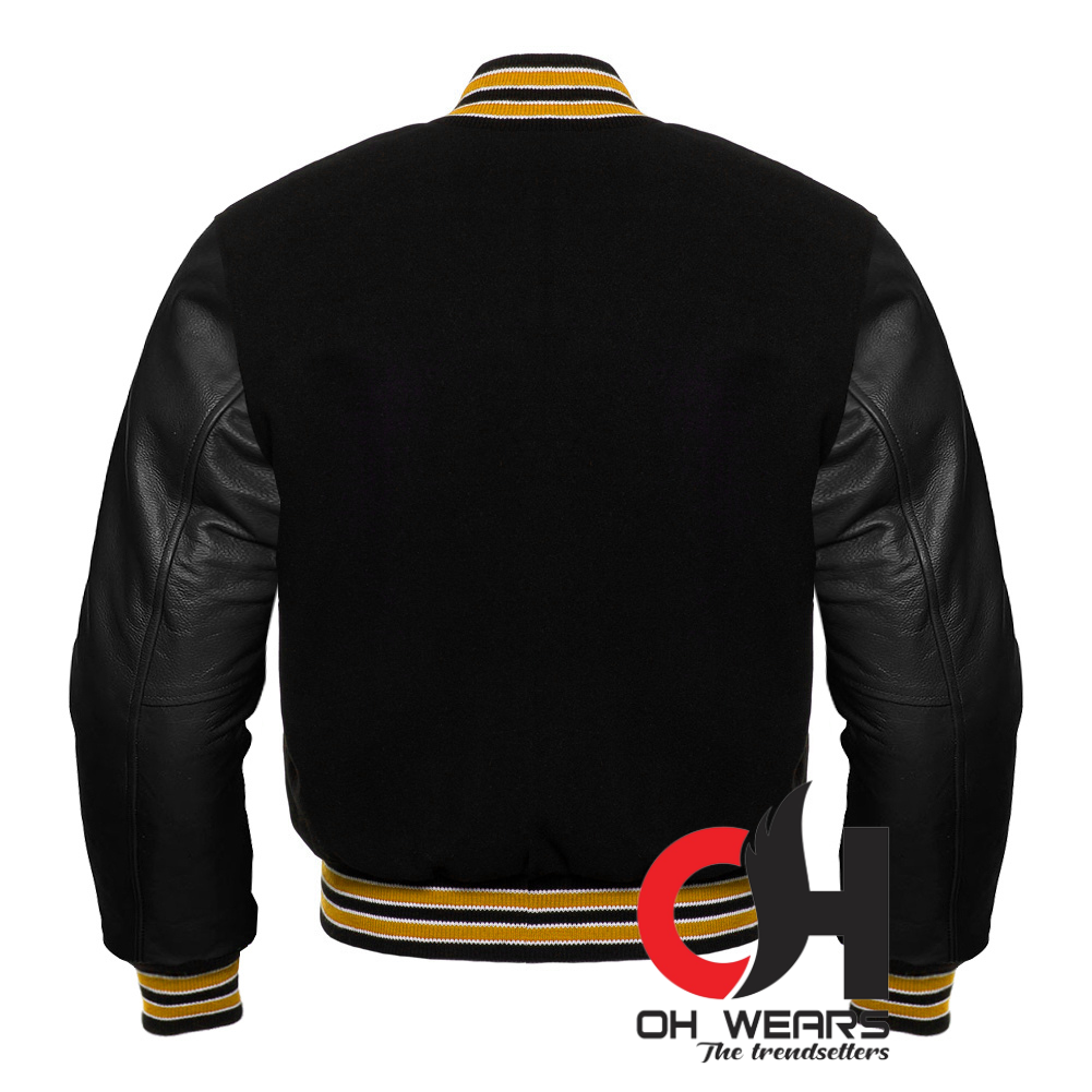 Black Wool and Genuine Black Leather Sleeves Varsity Jacket