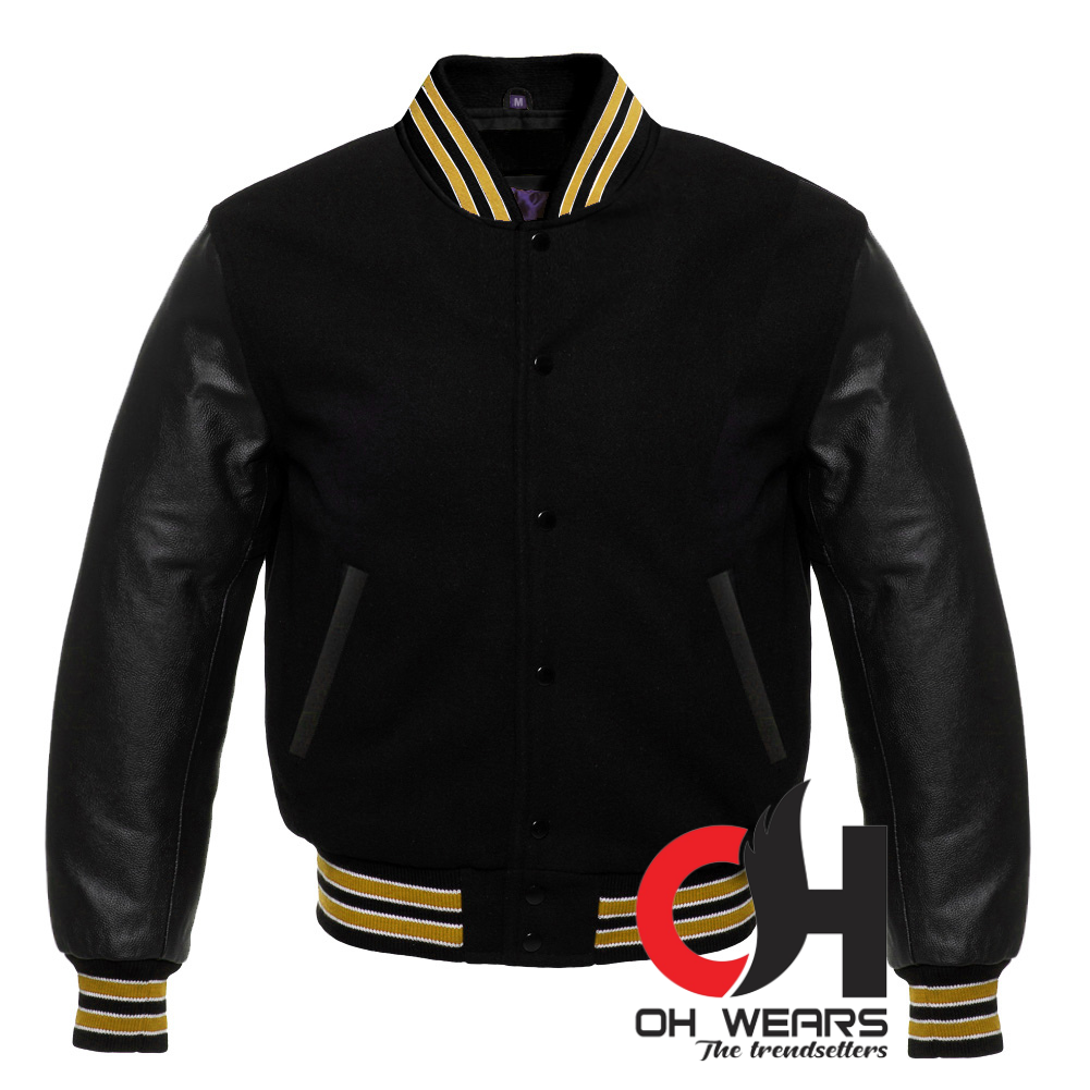 Black Wool and Genuine Black Leather Sleeves Varsity Jacket