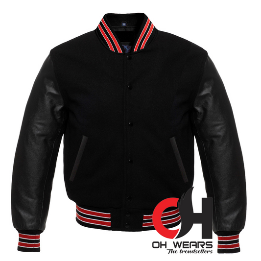 Black Wool and Genuine Black Leather Sleeves Varsity Jacket