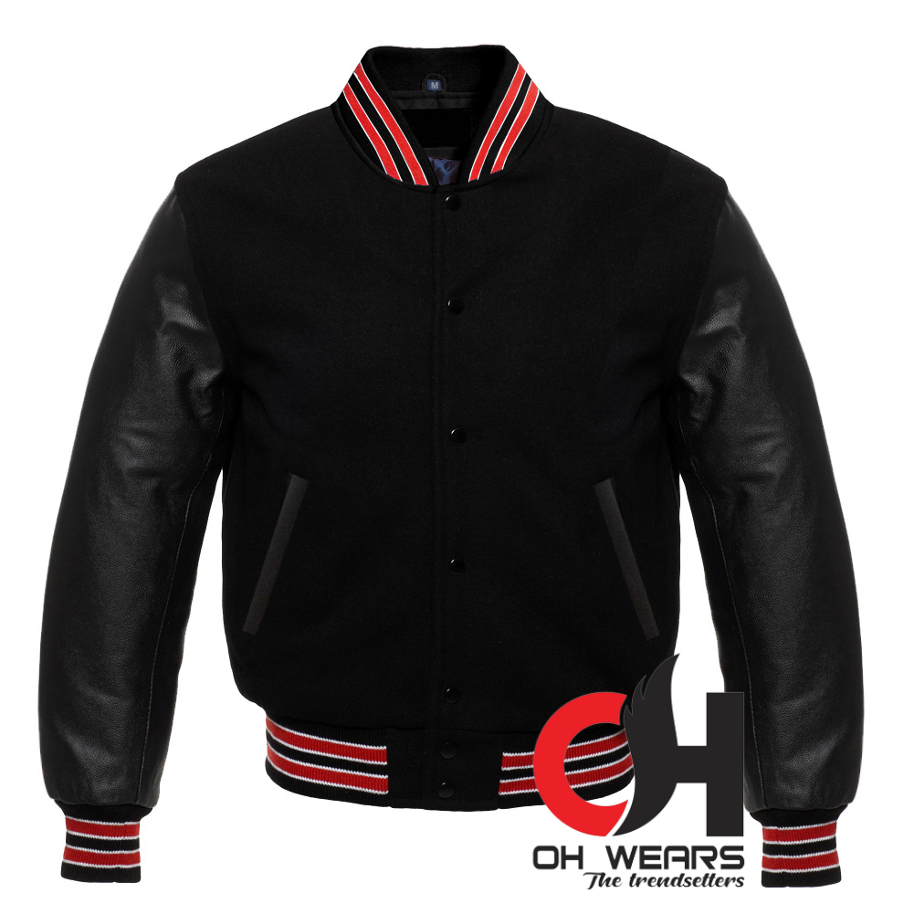 Chaqueta Varsity con mangas de lana negra y cuero negro genuino 