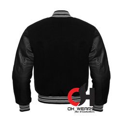 Chaqueta Varsity con mangas de lana negra y cuero negro genuino 