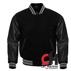 Chaqueta Varsity con mangas de lana negra y cuero negro genuino 