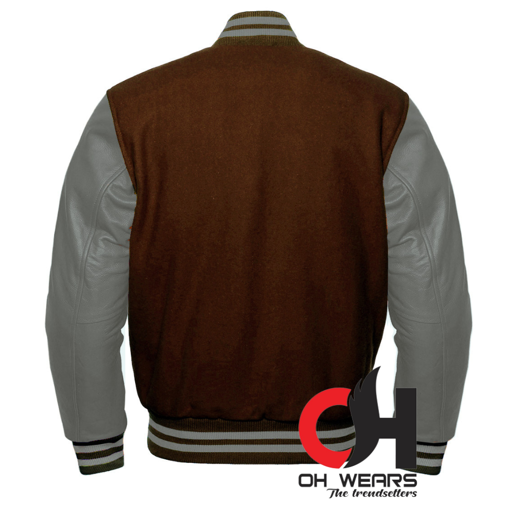 Chaqueta Varsity con mangas de lana marrón y cuero gris genuino 