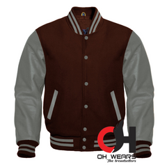 Chaqueta Varsity con mangas de lana marrón y cuero gris genuino 