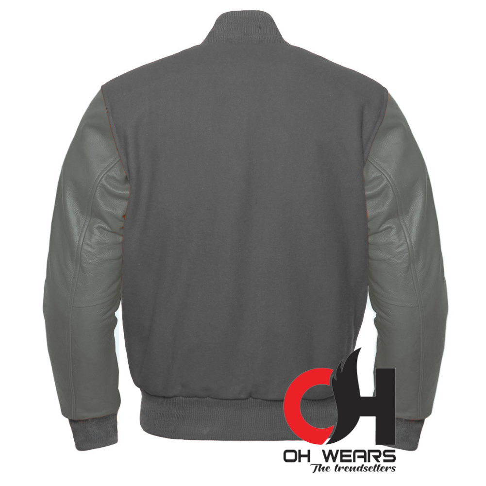 Gray Wool and Genuine Grey Leather Sleeves Varsity Jacket