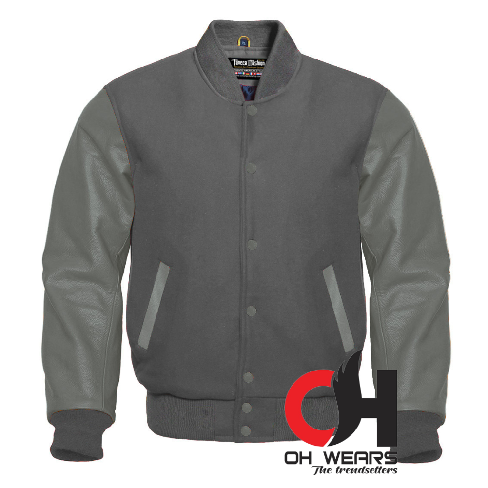 Chaqueta Varsity Con Mangas De Lana Gris Y Cuero Genuino Gris 