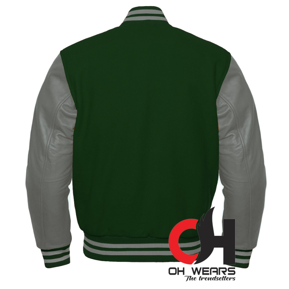 Green Wool and Genuine Grey Leather Sleeves Varsity Jacket