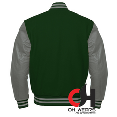 Green Wool and Genuine Grey Leather Sleeves Varsity Jacket