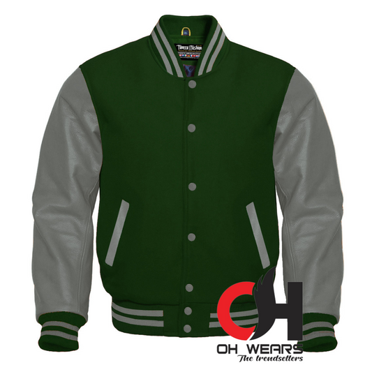 Green Wool and Genuine Grey Leather Sleeves Varsity Jacket