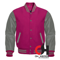 Chaqueta universitaria con mangas de lana rosa y cuero gris genuino 