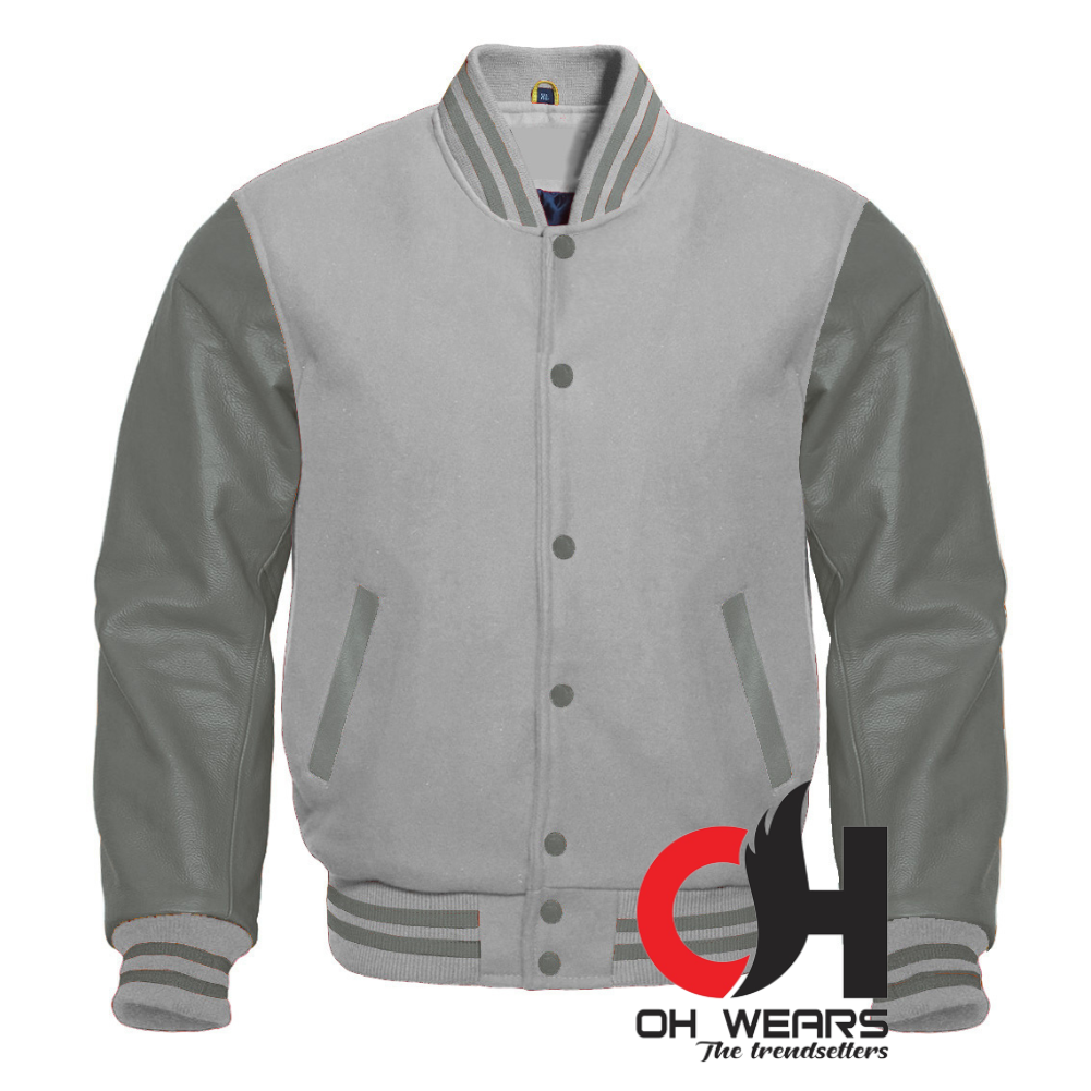 Light Gray  Wool and Genuine Grey Leather Sleeves Varsity Jacket