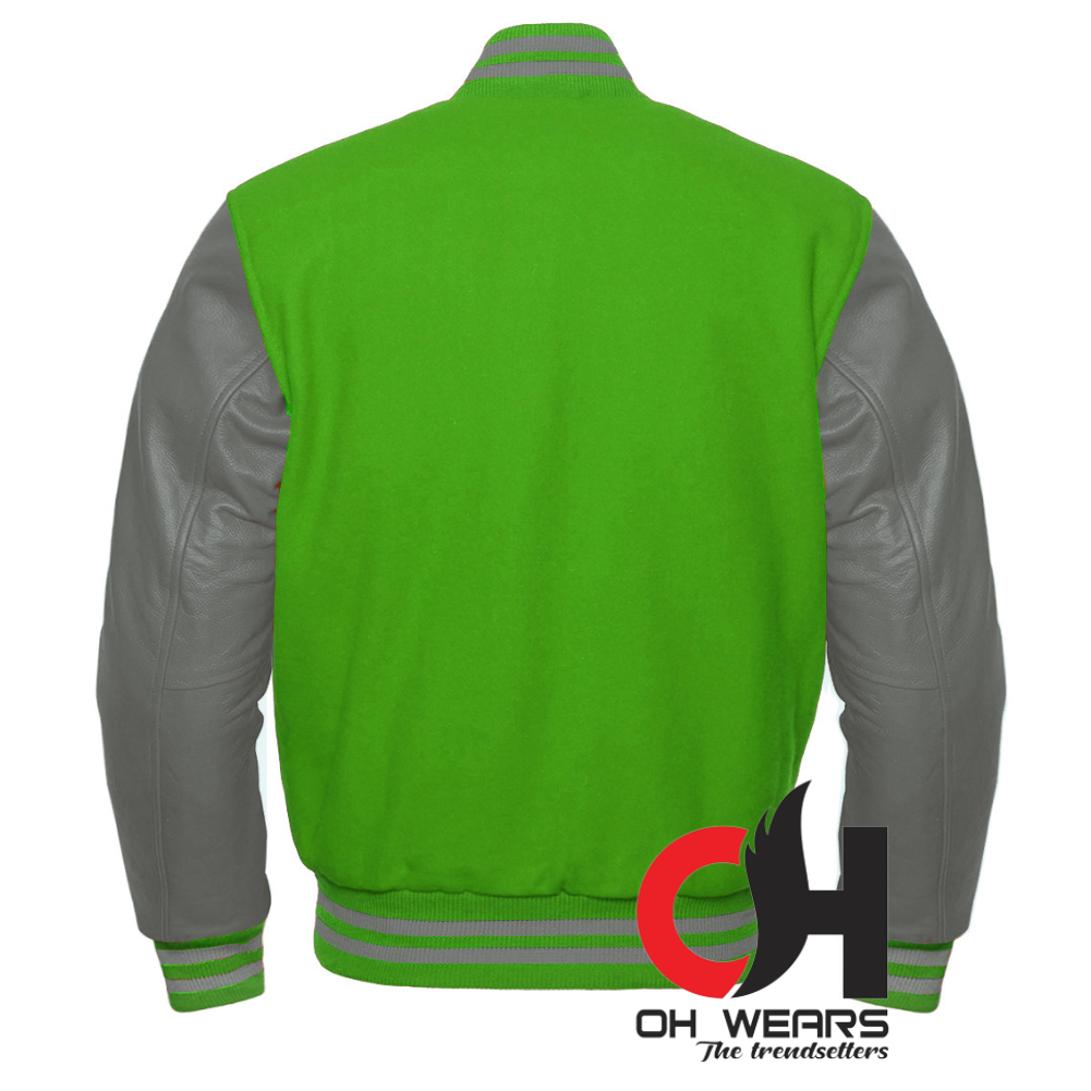 Parrot Green Wool and Genuine Grey Leather Sleeves Varsity Jacket