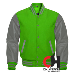 Chaqueta Varsity De Lana Verde Loro Y Mangas De Cuero Genuino Gris 