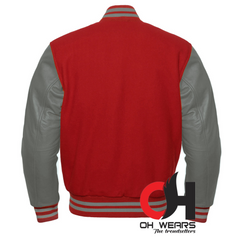 Chaqueta Varsity con mangas de lana granate y cuero gris genuino 