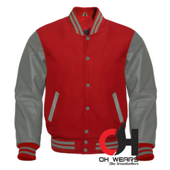 Chaqueta Varsity con mangas de lana granate y cuero gris genuino 