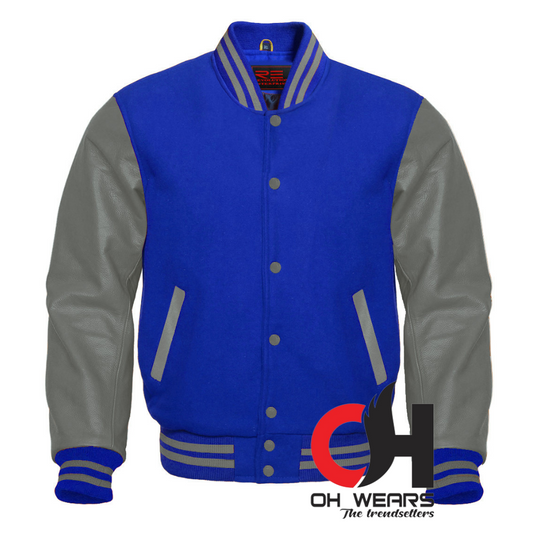 Blue Wool and Genuine Grey Leather Sleeves Varsity Jacket