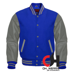 Chaqueta Varsity con mangas de lana azul y cuero gris genuino 