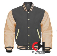 Chaqueta universitaria de lana gris oscuro y mangas de cuero genuino color crema 