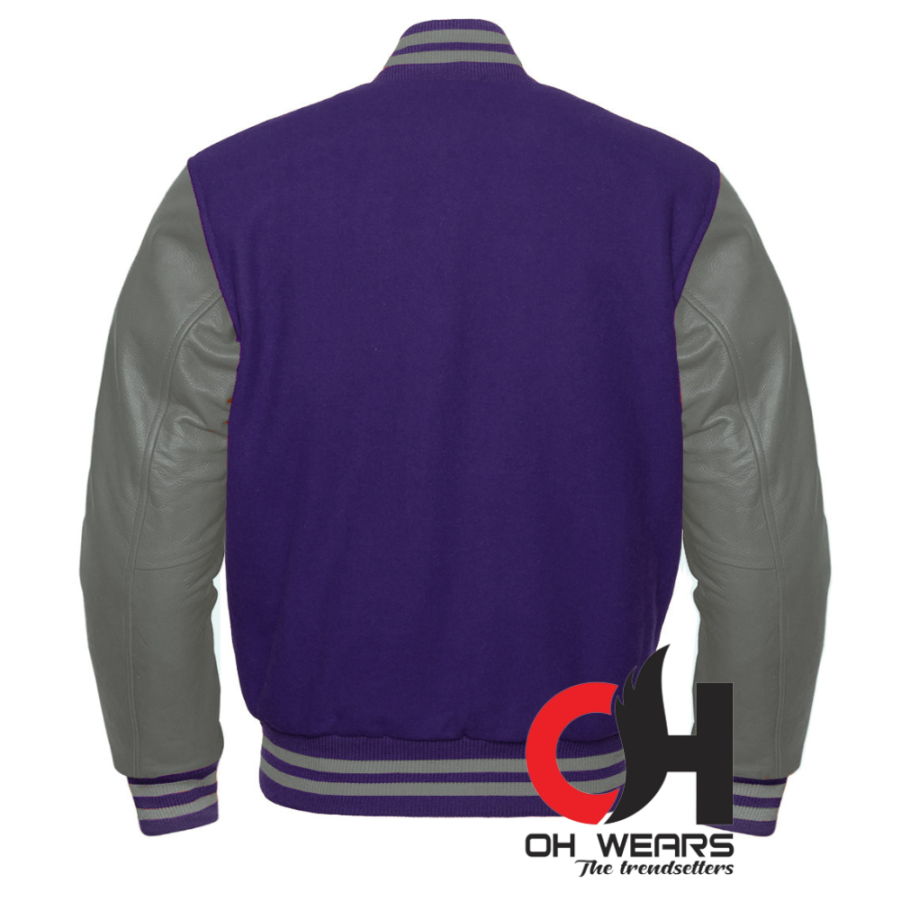 Chaqueta Varsity con mangas de lana azul y cuero gris genuino 