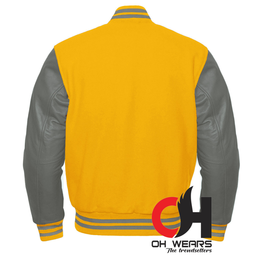 Yellow Wool and Genuine Grey Leather Sleeves Varsity Jacket