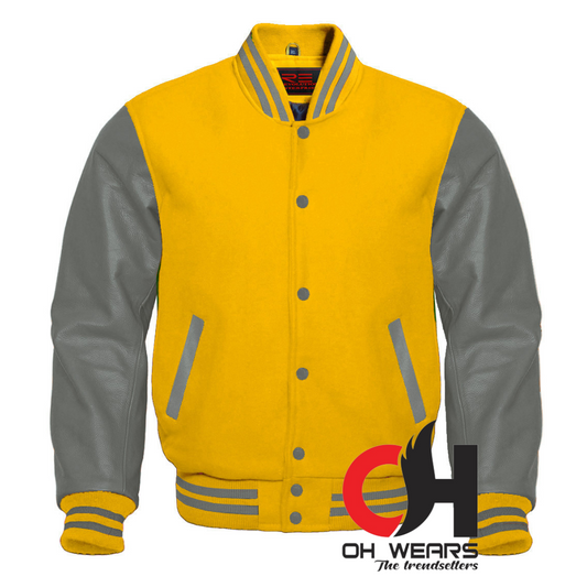 Yellow Wool and Genuine Grey Leather Sleeves Varsity Jacket