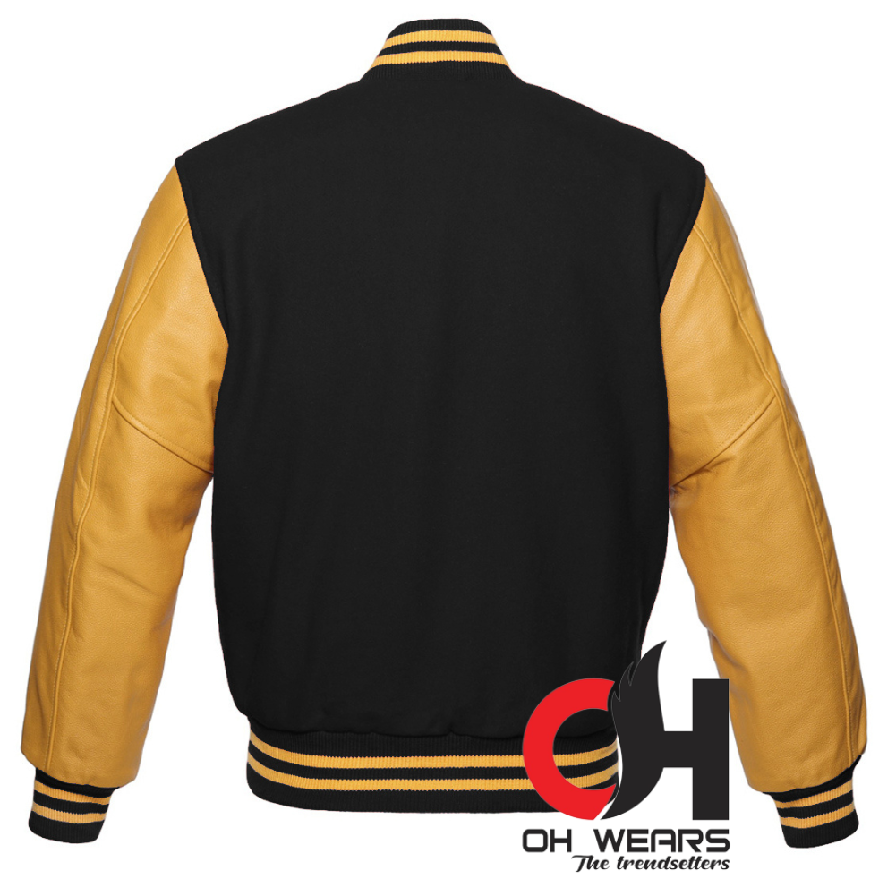 Black Wool Gold Leather Sleeves Varsity Jacket