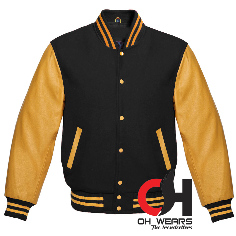 Black Wool Gold Leather Sleeves Varsity Jacket