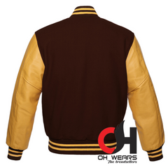 Brown Wool and Genuine Yellow Leather Sleeves Varsity Jacket