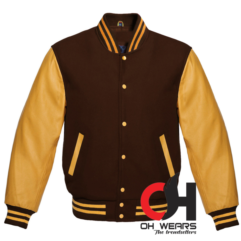 Chaqueta Varsity con mangas de lana marrón y cuero amarillo genuino 